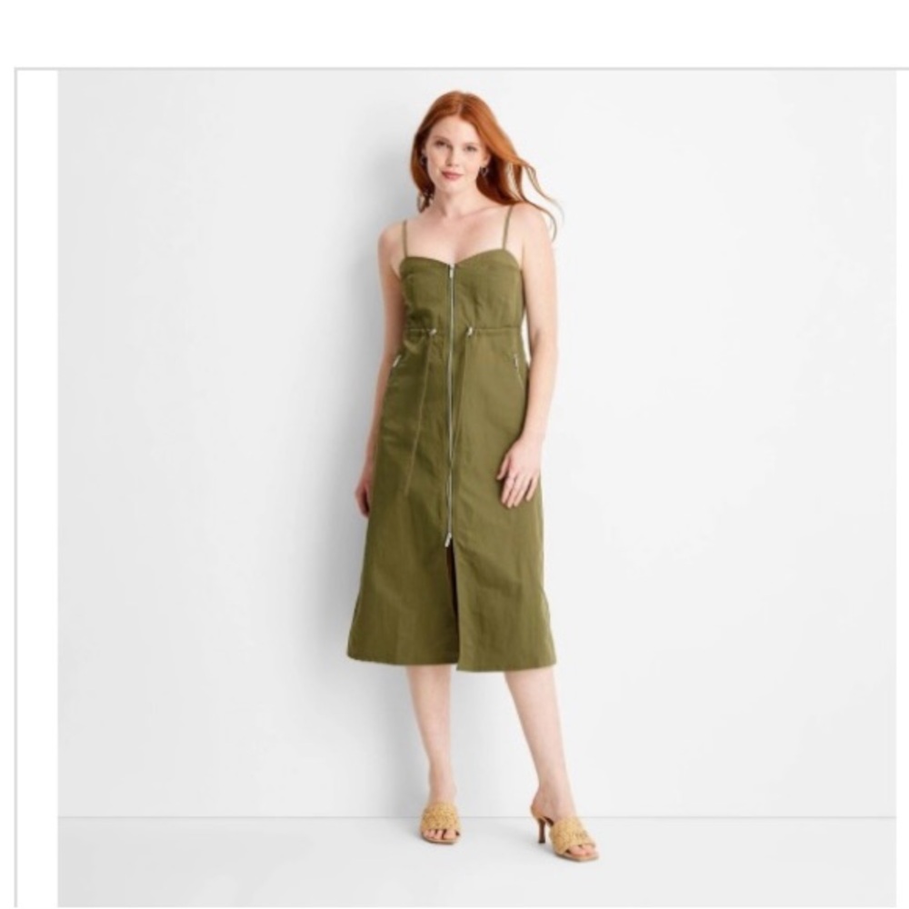 Women's Nylon Zip-Front MIDI Dress - Future Collective Olive Green Size Small